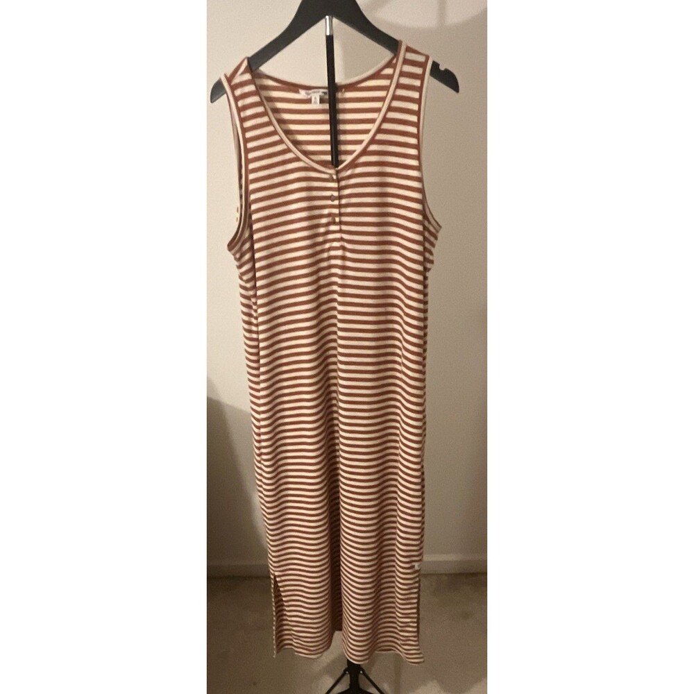 Toad&Co Brown White Striped Knit Scoop Neck Sleeveless Maxi Dress Womens XL